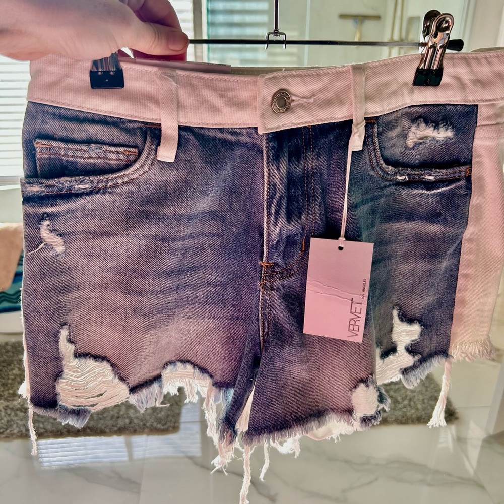 Vervet Flying Monkey Women's Distressed Denim Shorts - Blue and White small NWT